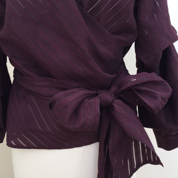 Chelsea28 Burgundy Balloon Sleeves Wrap Shirt - Picture 4 of 8